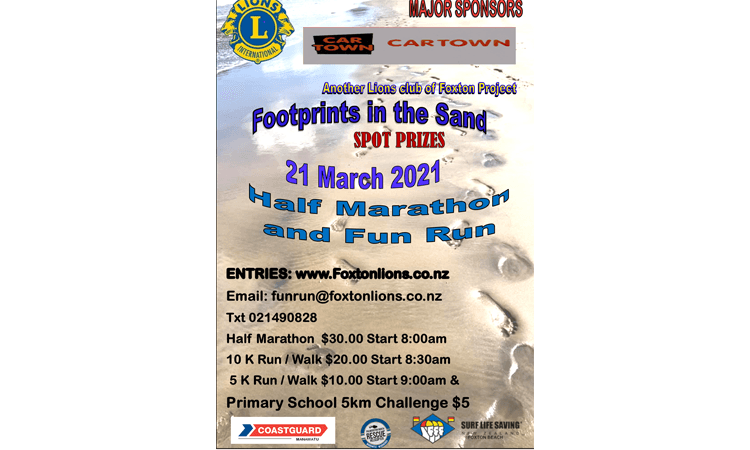 Footprints in the Sand Lions Club of Foxton Half Marathon and Fun Run poster